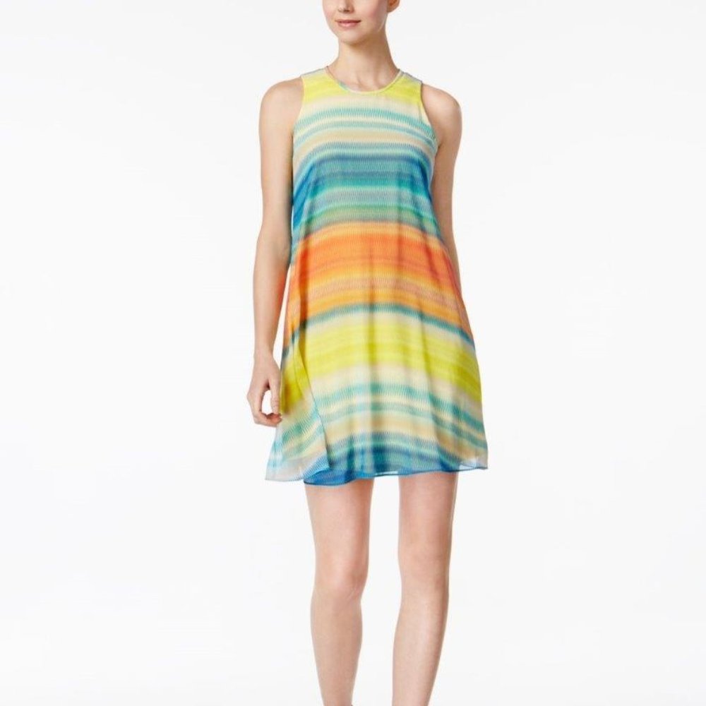 CALVIN KLEIN MS SZ 12 LAGOON MULTI SLEEVELESS SCOOPNECK KEYHOLE TRAPEZE DRESS